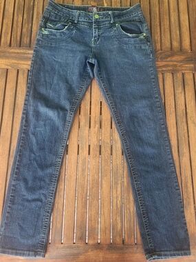 Y2K Women's Out Jeans Skinny Stretch Dark Blue Size 12 Lime Green Stitching